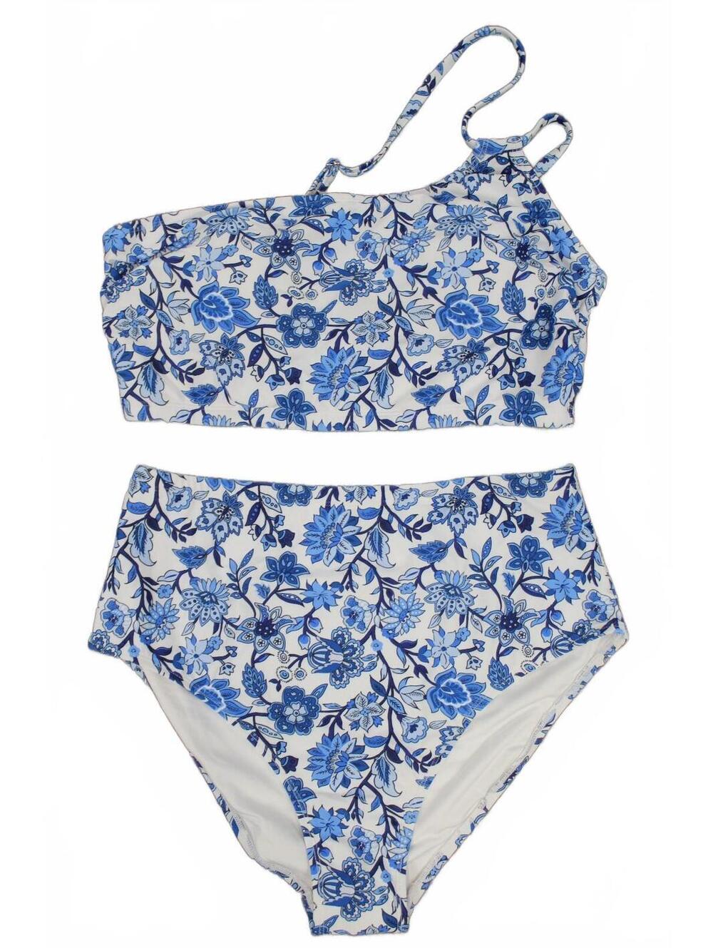 One Shoulder Blue Floral Two Piece Bikini Set - Size Large